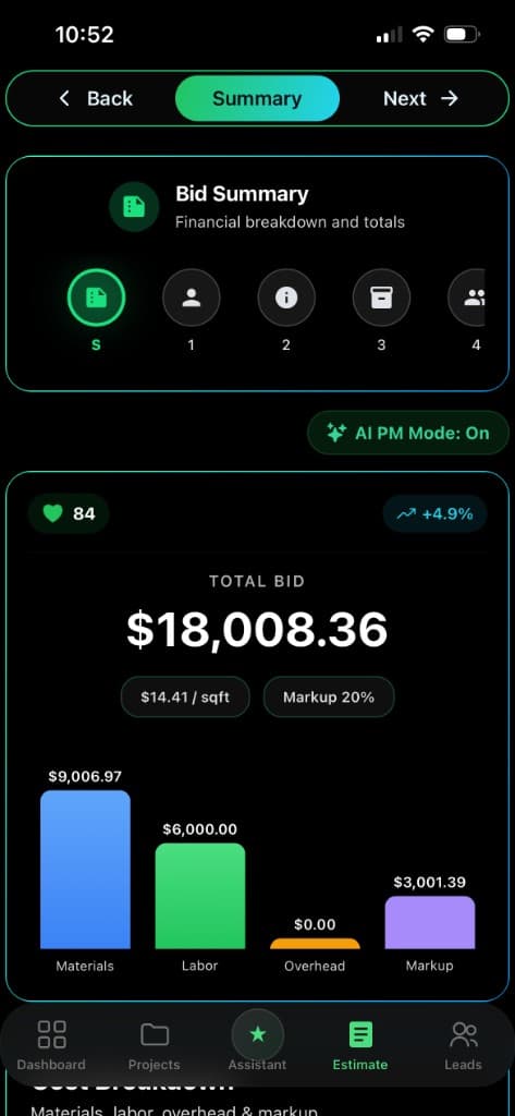 Estimate Summary screenshot