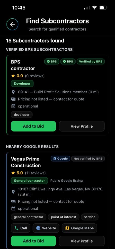 Find Subcontractors screenshot