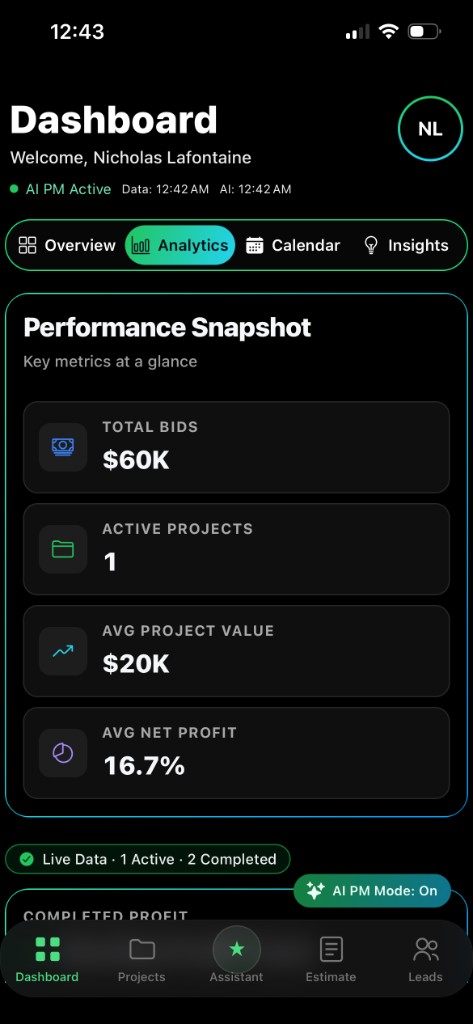 Build Profit Solutions performance snapshot showing bids, projects, and profit metrics